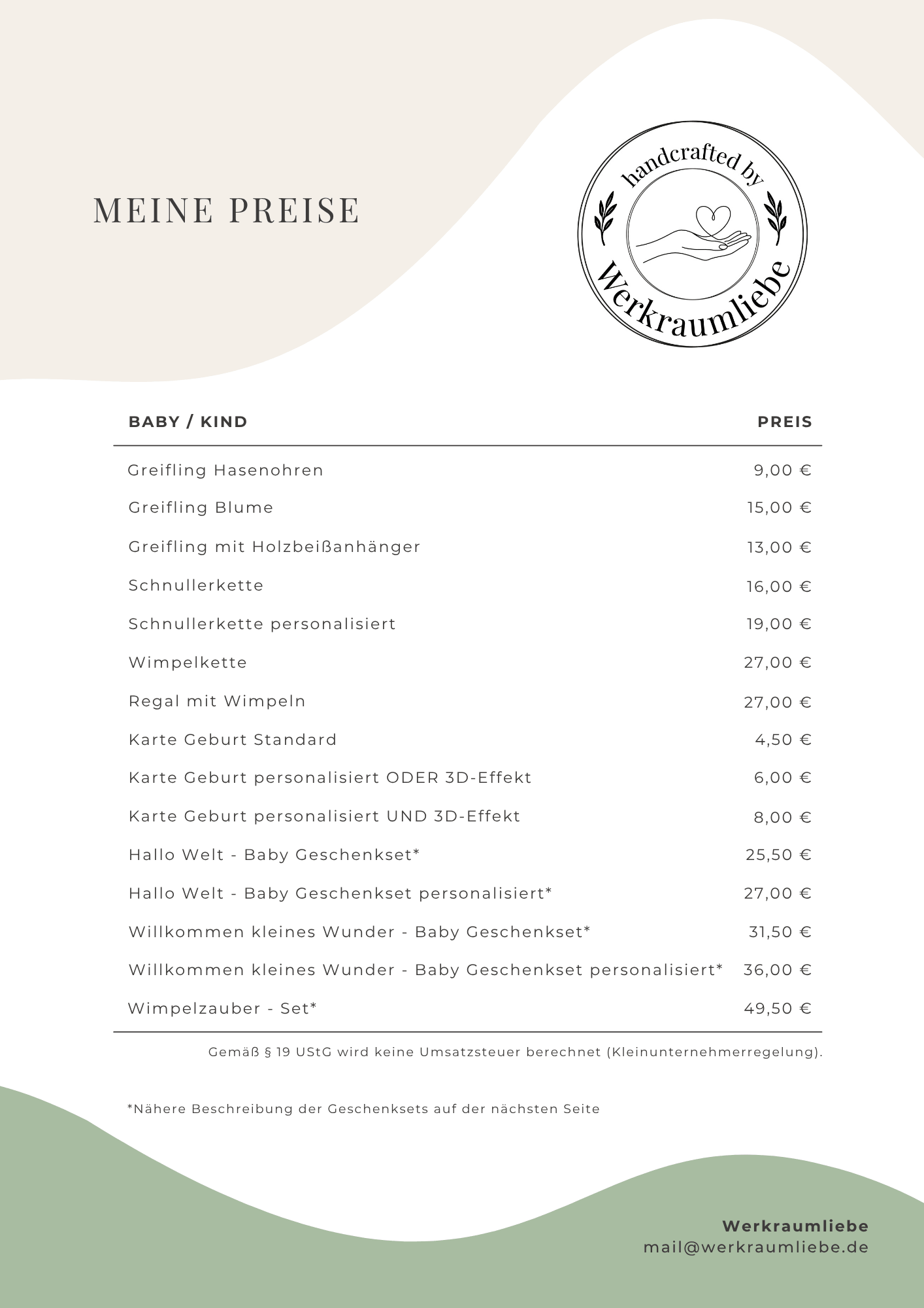 Preisliste Werkraumliebe Dagny Hilpert für Baby und Kind personalisiert handgemacht