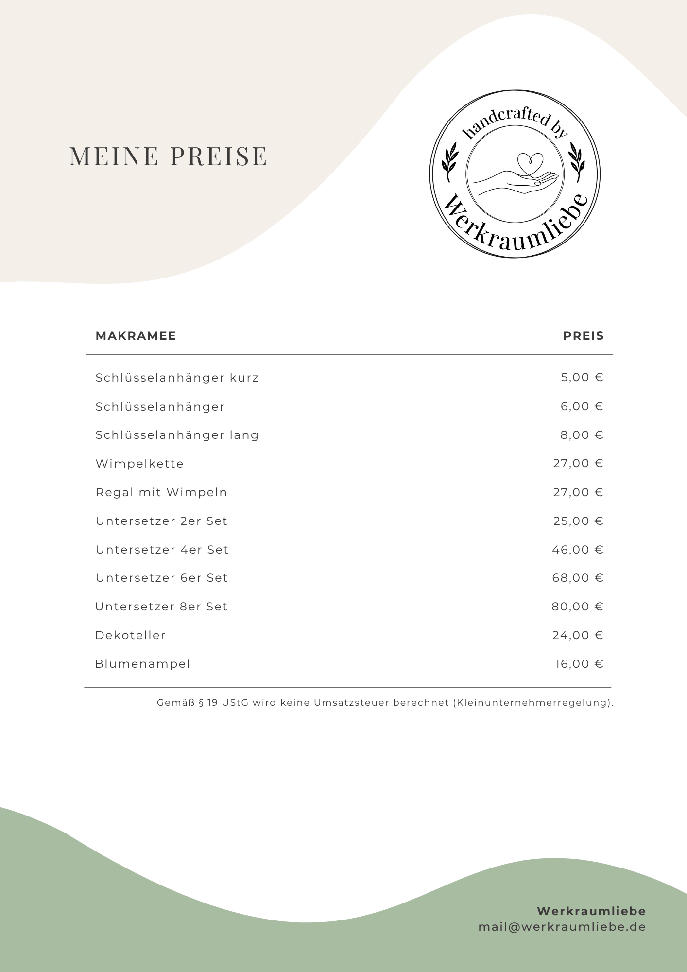 Preisliste Werkraumliebe Dagny Hilpert Makramee personalisiert handgemacht