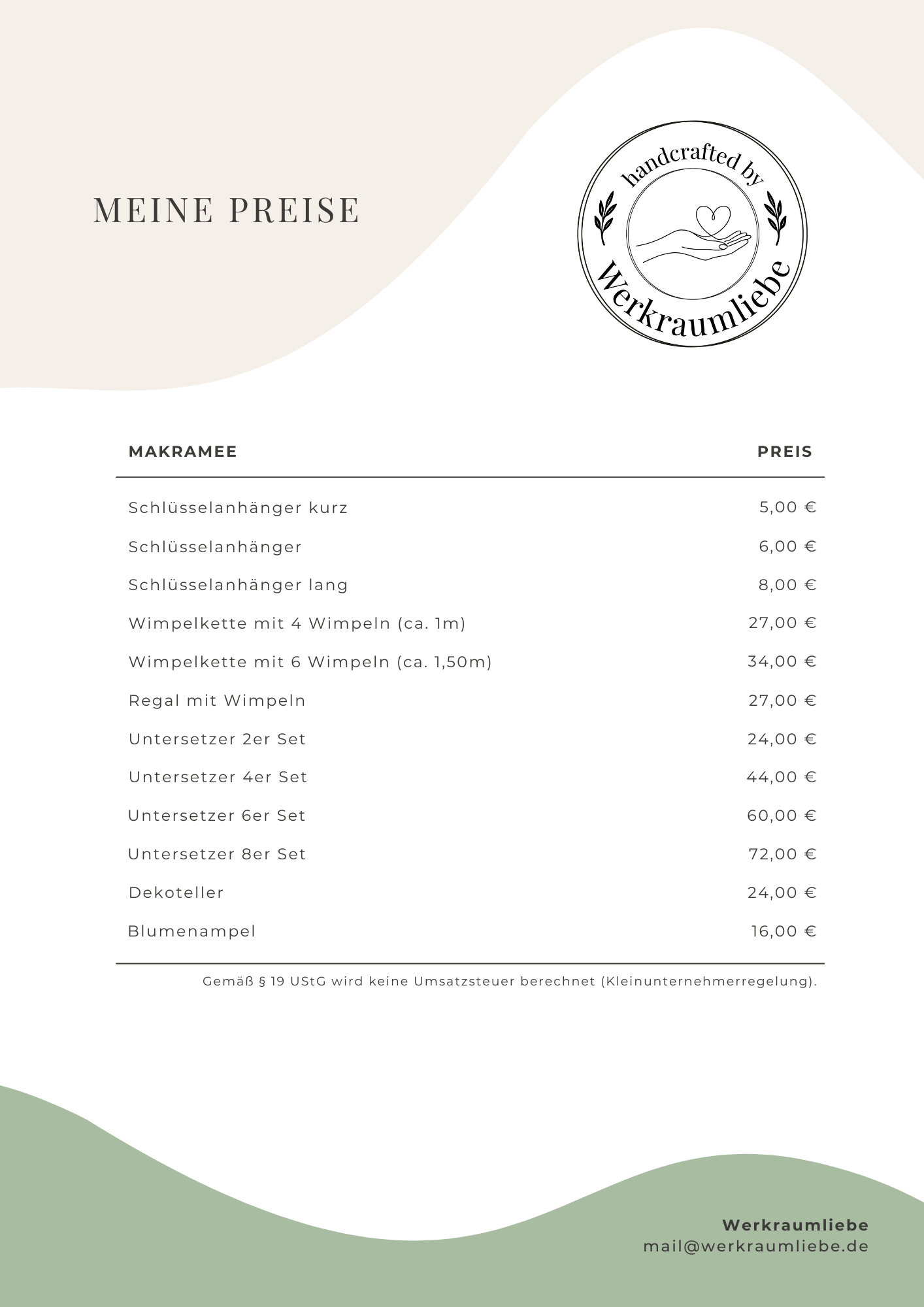 Preisliste Werkraumliebe Dagny Hilpert Makramee personalisiert handgemacht